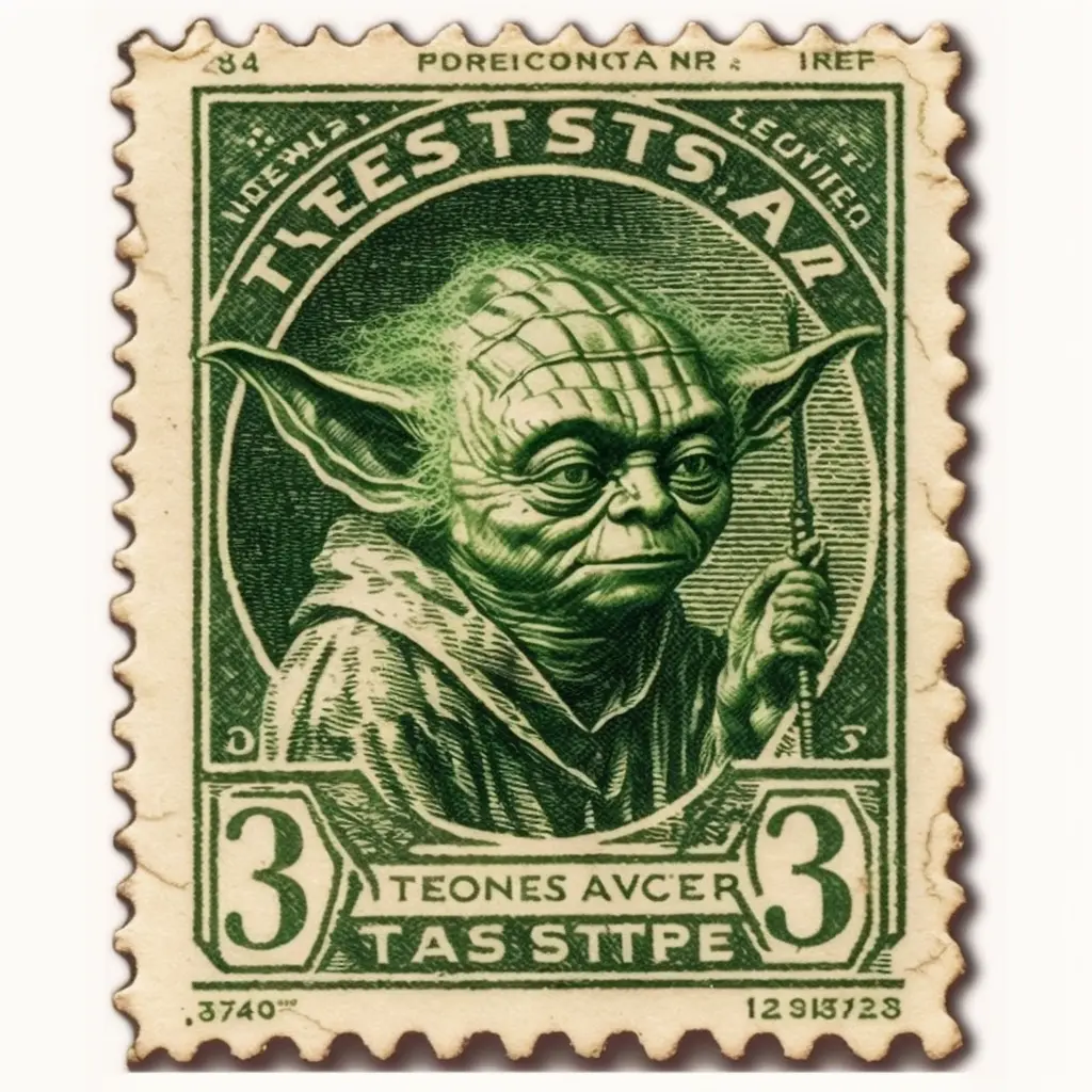 vintage United States Postage Stamp, 3 cent stamp, Master Yoda using the force, green ink, line engraving, intaglio